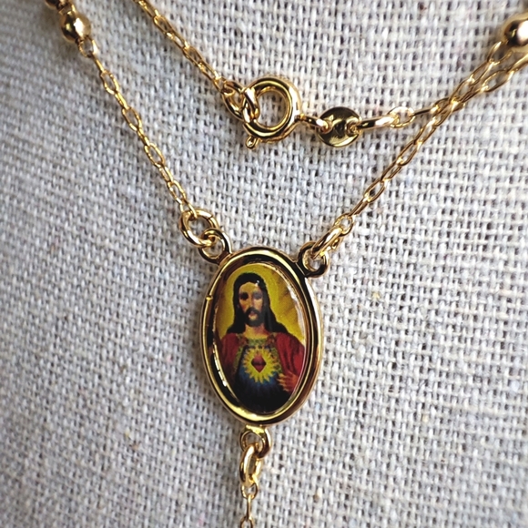 NEW Prayer Rosary Gold Tone Beads Sacred Heart of Jesus Religious Catholic - Picture 4 of 9